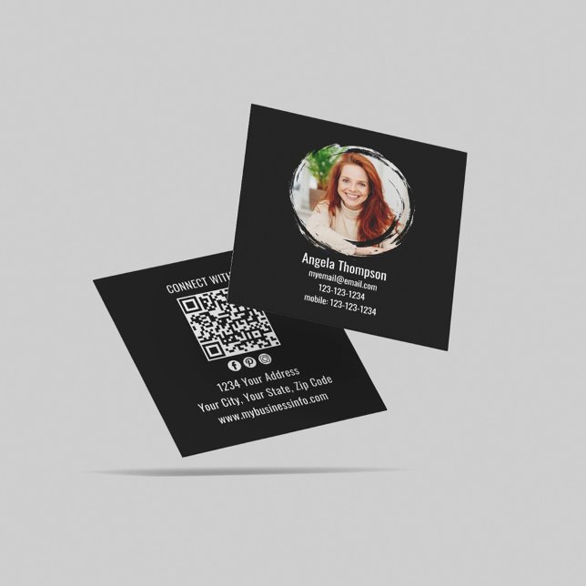 Cartão De Visita Quadrado Black Connect with Me Photo QR Code  (Black and white photo business card template.)