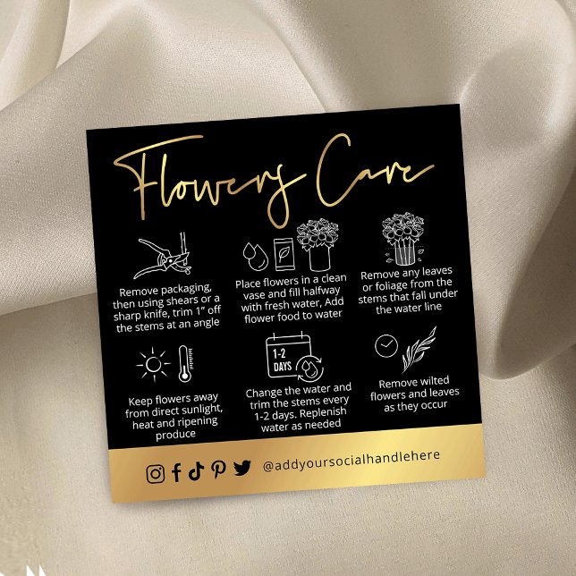 Cartão De Visita Quadrado Black & Gold Script Logo Fresh Flowers Care Guide (Criador carregado)