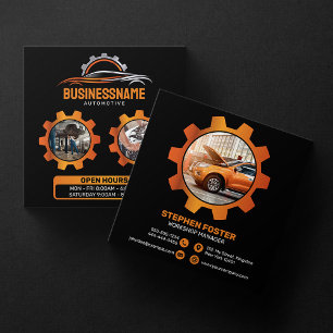 Cartão De Visita Quadrado Black, Laranja Detalhes Automotivos Reparo de Carr