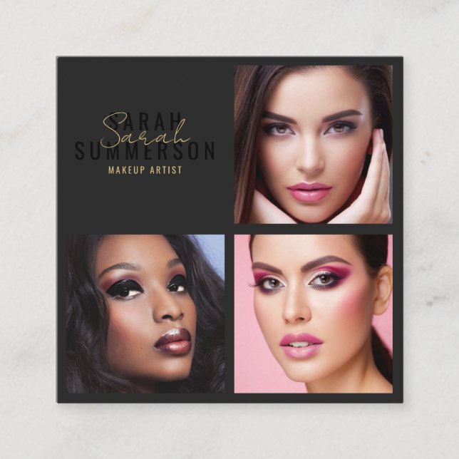 Cartão De Visita Quadrado Black Stylish Makeup Artist Beauty Salon 3 Photo (Frente)