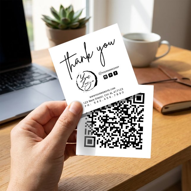 Cartão De Visita Quadrado Black White Branding Thank You (Black White Branding Thank You Square Business Card #thankyoubranding #logoqrcode #supportbusiness)