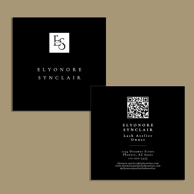 Cartão De Visita Quadrado Black White Script Lashes Studio Logo QR Code  (Criador carregado)