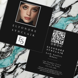 Cartão De Visita Quadrado Black White Script Photo Logo QR Code Social Lash