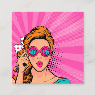 Cartão De Visita Quadrado Blonde de Pop de Arte Retro Lady Wow Pink ID556