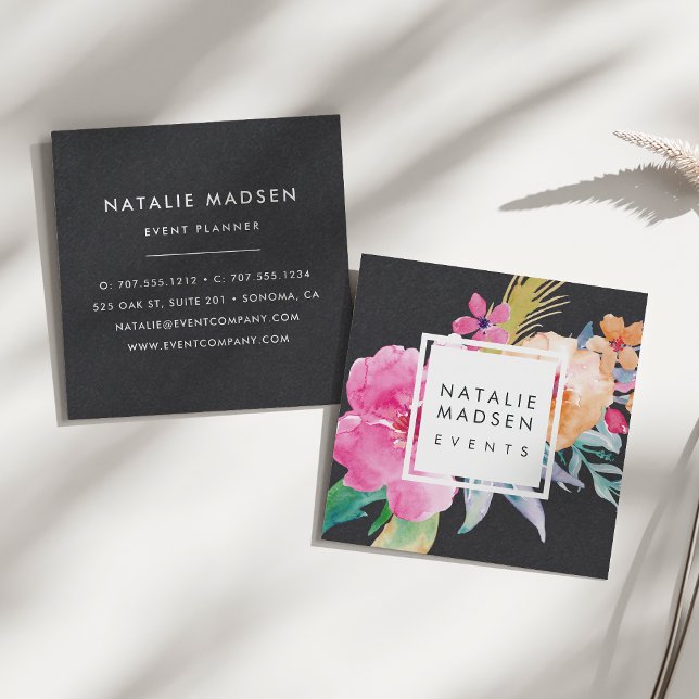 Cartão De Visita Quadrado Blossomas Tropicais | Preto (Criador carregado)