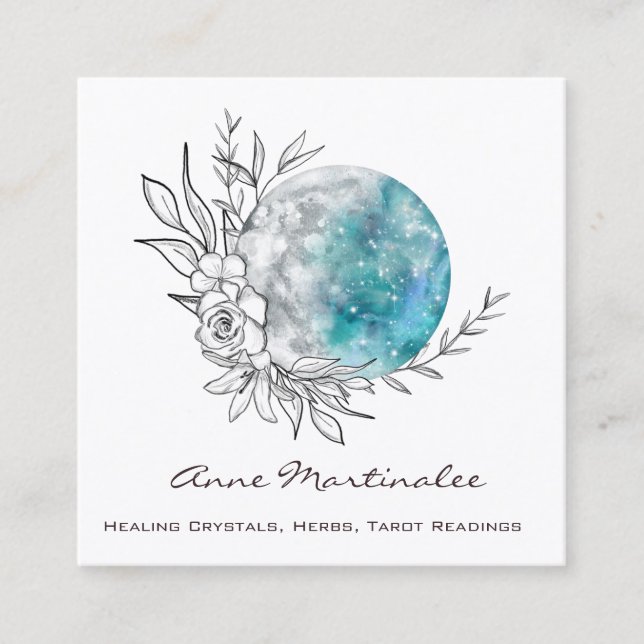 Cartão De Visita Quadrado Blue Floral Moon Square Business Card (Frente)