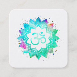 Cartão De Visita Quadrado ~* Blue Green Lotus Flower Mandala Om Aum Símbolo