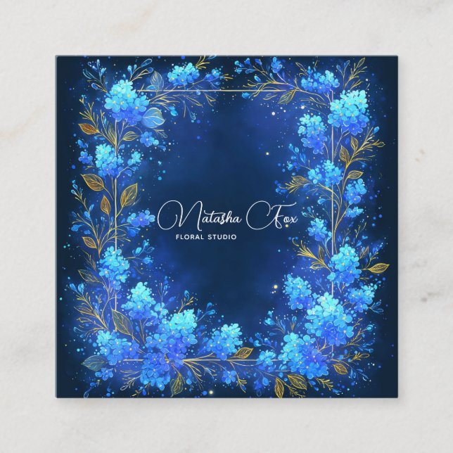 Cartão De Visita Quadrado Blue Hydrangea Gold Celestial Frame Midnight (Frente)