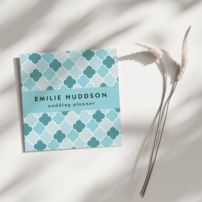 Cartão De Visita Quadrado Blue Marroquino Trellis, Laticework, Quatrefoil (Criador carregado)