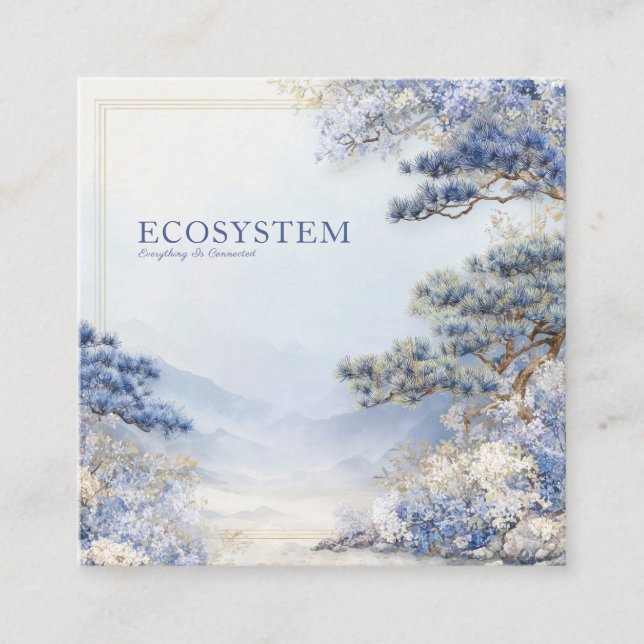Cartão De Visita Quadrado Blue Pine Tree Landscape Gold Frame Artistic (Frente)