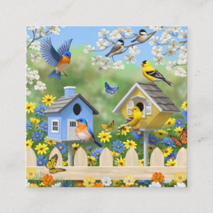 Cartão De Visita Quadrado Bluebird Goldfinches Birdhouses Flor Garden