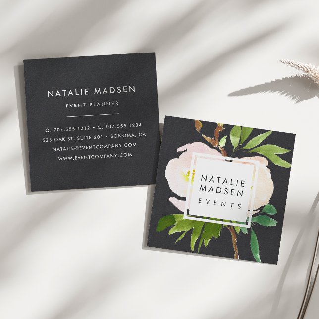 Cartão De Visita Quadrado Blush Blooms | Preto (Criador carregado)