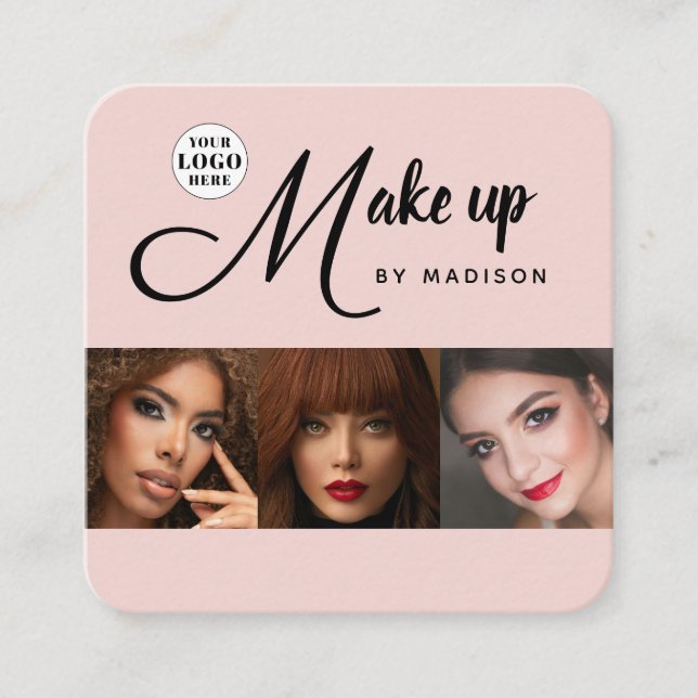 Cartão De Visita Quadrado Blush Pink Black Script 3 Photo Makeup (Frente)