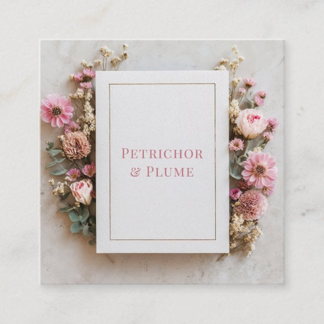 Cartão De Visita Quadrado Blush Pink Floral Gold Frame Rustic Geometric (Frente)