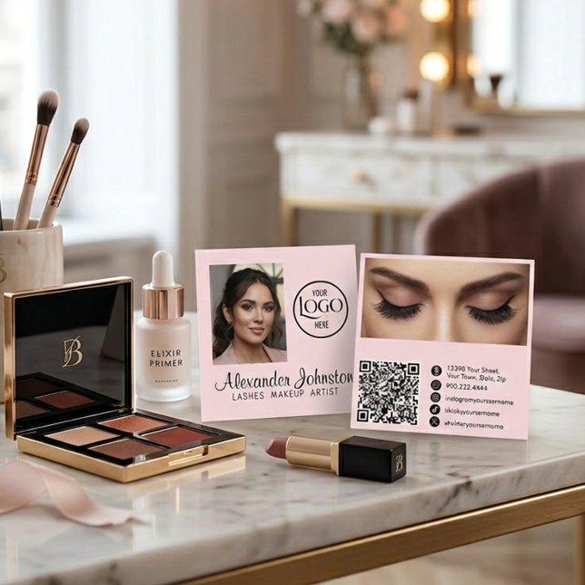 Cartão De Visita Quadrado Blush Pink Lashes Makeup Artist Photo QR Code (Blush Pink Lashes Makeup Artist Photo QR Code Square Business Card )