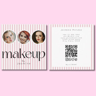 Cartão De Visita Quadrado Blush Pink Listra 3 Foto MUA Código QR Redes Socia