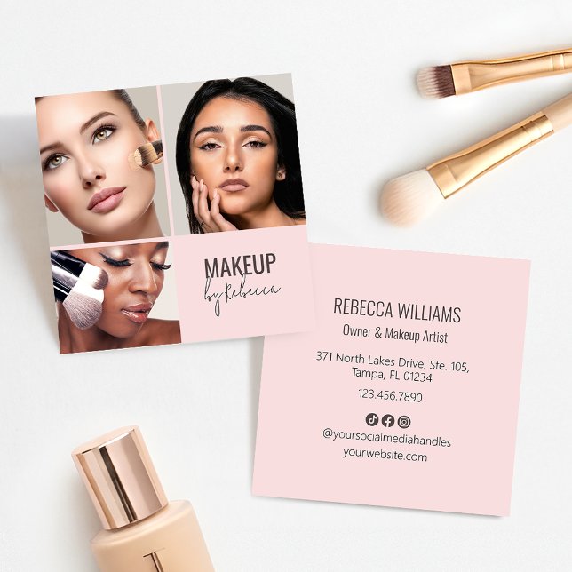 Cartão De Visita Quadrado Blush Pink Modern QR Code 3 Photo Makeup (Blush pink modern square business card with 3 photos and details to the reverse)