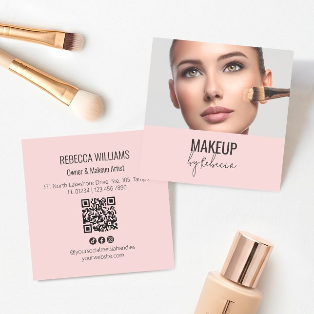 Cartão De Visita Quadrado Blush Pink Modern QR Code Photo Makeup (Blush pink makeup artist business card with photo and QR code)