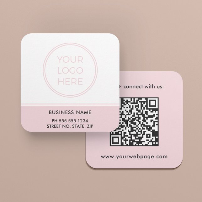 Cartão De Visita Quadrado Blush Pink QR Code Logo Square Business Card (A square card in 2.5 inches is shown. Choose paper and corner style.)