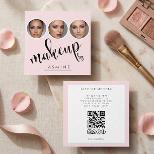 Cartão De Visita Quadrado Blush Rosa Branco 3 Foto MUA Código QR Sociais