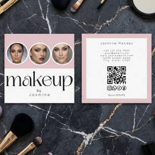Cartão De Visita Quadrado Blush Rosa Branco 3 Foto MUA Código QR Sociais