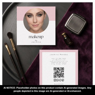 Cartão De Visita Quadrado Blush Rosa Branco Foto MUA Código QR Sociais Quadr