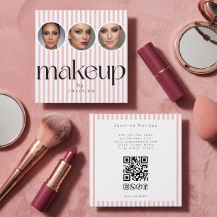 Cartão De Visita Quadrado Blush Rosa Listra 3 Foto MUA Código QR Sociais