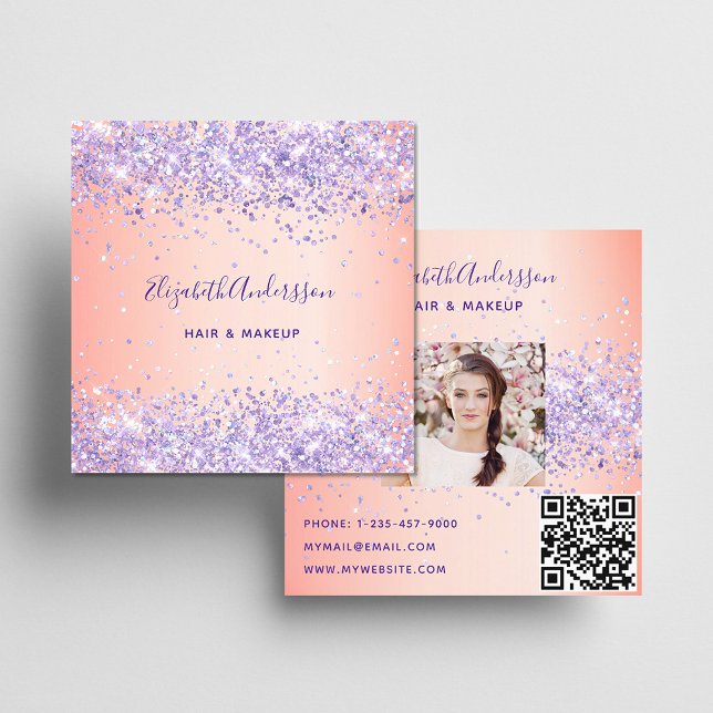 Cartão De Visita Quadrado Blush roxo glitter foto qr code (Criador carregado)