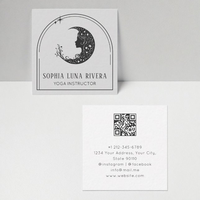 Cartão De Visita Quadrado Boho Arch Celestial Crescent Moon Código QR (Boho Arch Celestial Crescent Moon QR Code Square Business Card)