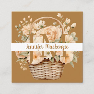 Cartão De Visita Quadrado Boho Bege Dourado Floral