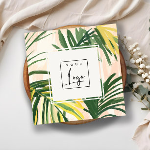 Cartão De Visita Quadrado Boho Blush Green Palm Deixa Logotipo de Praia
