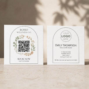 Cartão De Visita Quadrado Boho Botânico Código QR Arqueado Quadrado