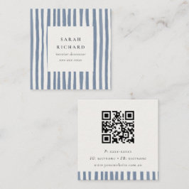 Cartão De Visita Quadrado Boho Dusky Blue Hand Drawn Strips QR Code