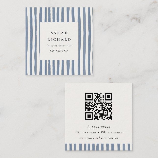 Cartão De Visita Quadrado Boho Dusky Blue Hand Drawn Strips QR Code (Frente/Verso)