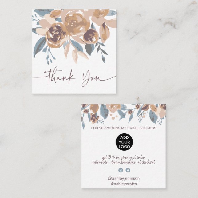 Cartão De Visita Quadrado Boho earthy chic floral obrigado de ordem aquática (Frente/Verso)