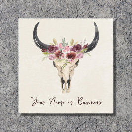 Cartão De Visita Quadrado Boho Floral Cow Skull em Creme Natural