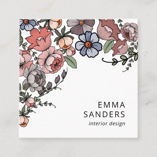 Cartão De Visita Quadrado Boho Floral E Folhagem (Frente)