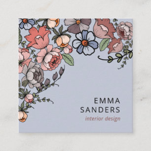 Cartão De Visita Quadrado Boho Floral E Foliage Dusty Blue