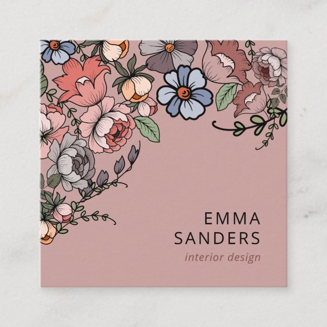 Cartão De Visita Quadrado Boho Floral E Greenery (Frente)
