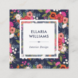 Cartão De Visita Quadrado Boho Floral Patterno - Coral e Marinho Azul