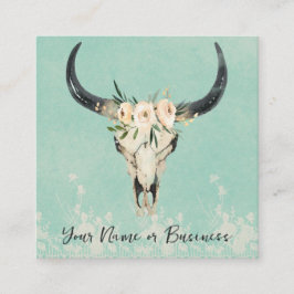 Cartão De Visita Quadrado Boho Floral Vaca Crânio em Turquesa