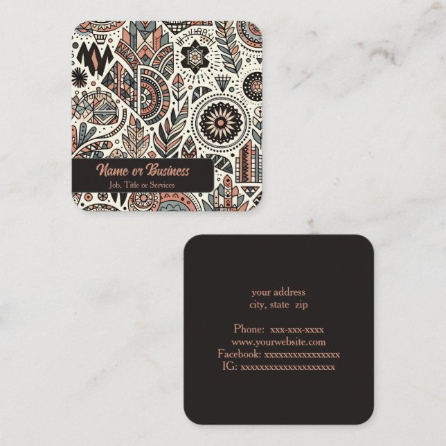 Cartão De Visita Quadrado Boho geométrico (Frente/Verso)