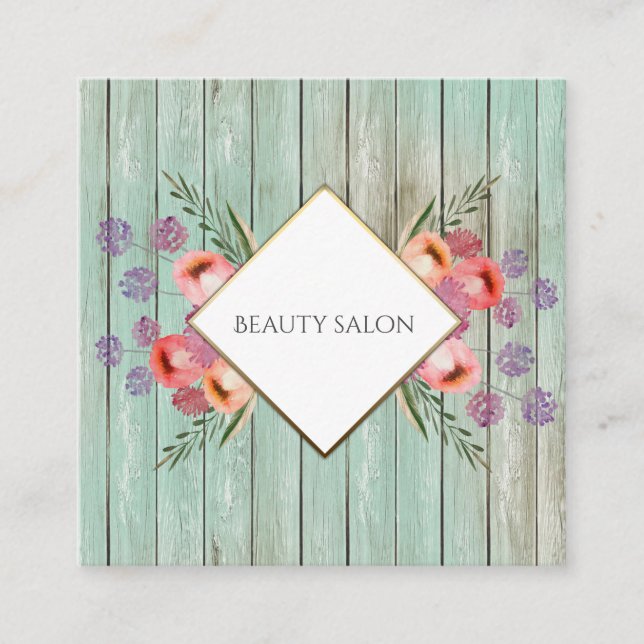 Cartão De Visita Quadrado Boho Glam elegante chic watercolor madeira floral (Frente)
