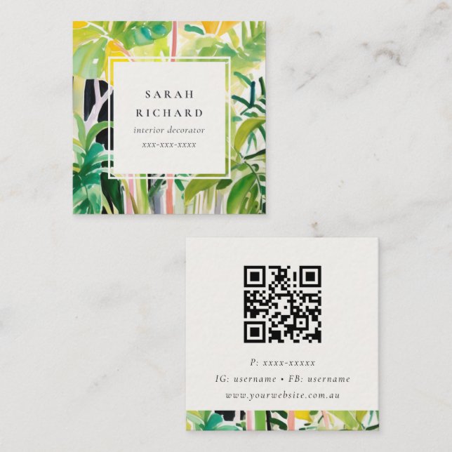 Cartão De Visita Quadrado Boho Green Tropical Leaf Foliage Botanical QR Code (Frente/Verso)