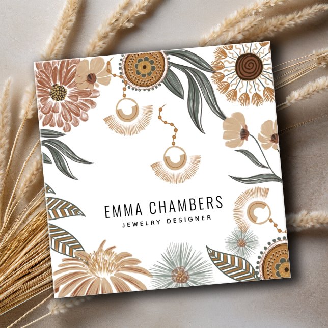 Cartão De Visita Quadrado Boho Jewelry Designer Tropical Floral (Criador carregado)
