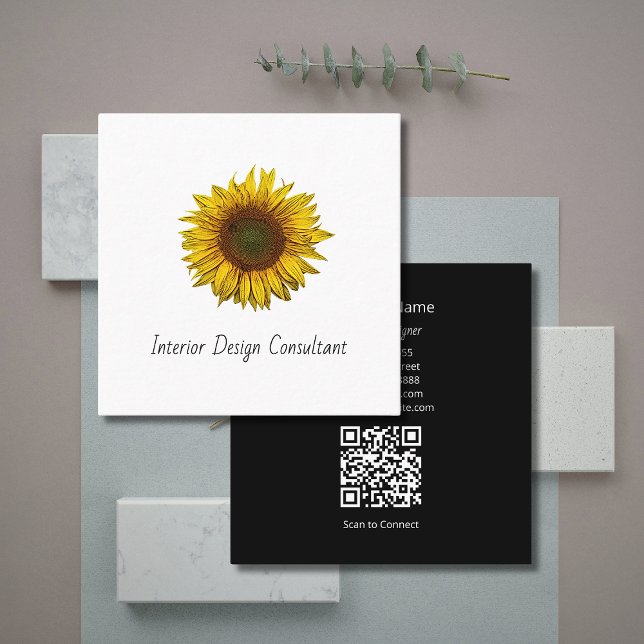 Cartão De Visita Quadrado Boho Sunflower QR code Interior Designer  (Criador carregado)