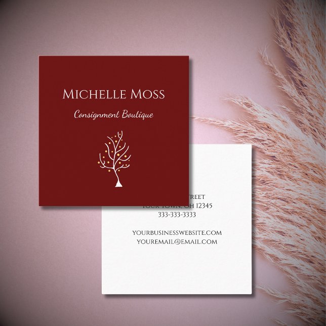 Cartão De Visita Quadrado Boho Tree of Life Desenhando Vermelho Simples (Criador carregado)