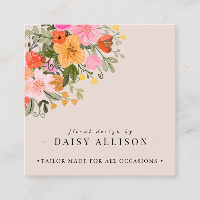 Cartão De Visita Quadrado Boho Watercolor Primavera Wildflower (Frente)
