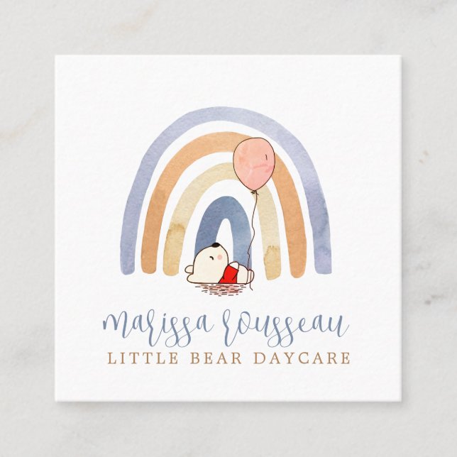 Cartão De Visita Quadrado Boho Watercolor Rainbow Bear Daycare (Frente)