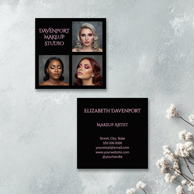 Cartão De Visita Quadrado Bold Black and Blush Pink 3 Photo (Criador carregado)